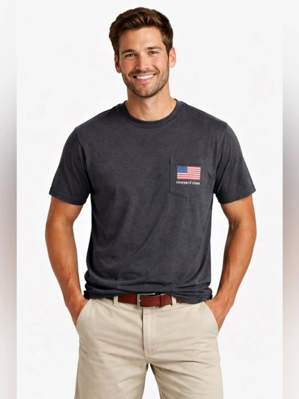Vineyard Vines Gray Graphic Pocket Tee American Flag Lettuce Play